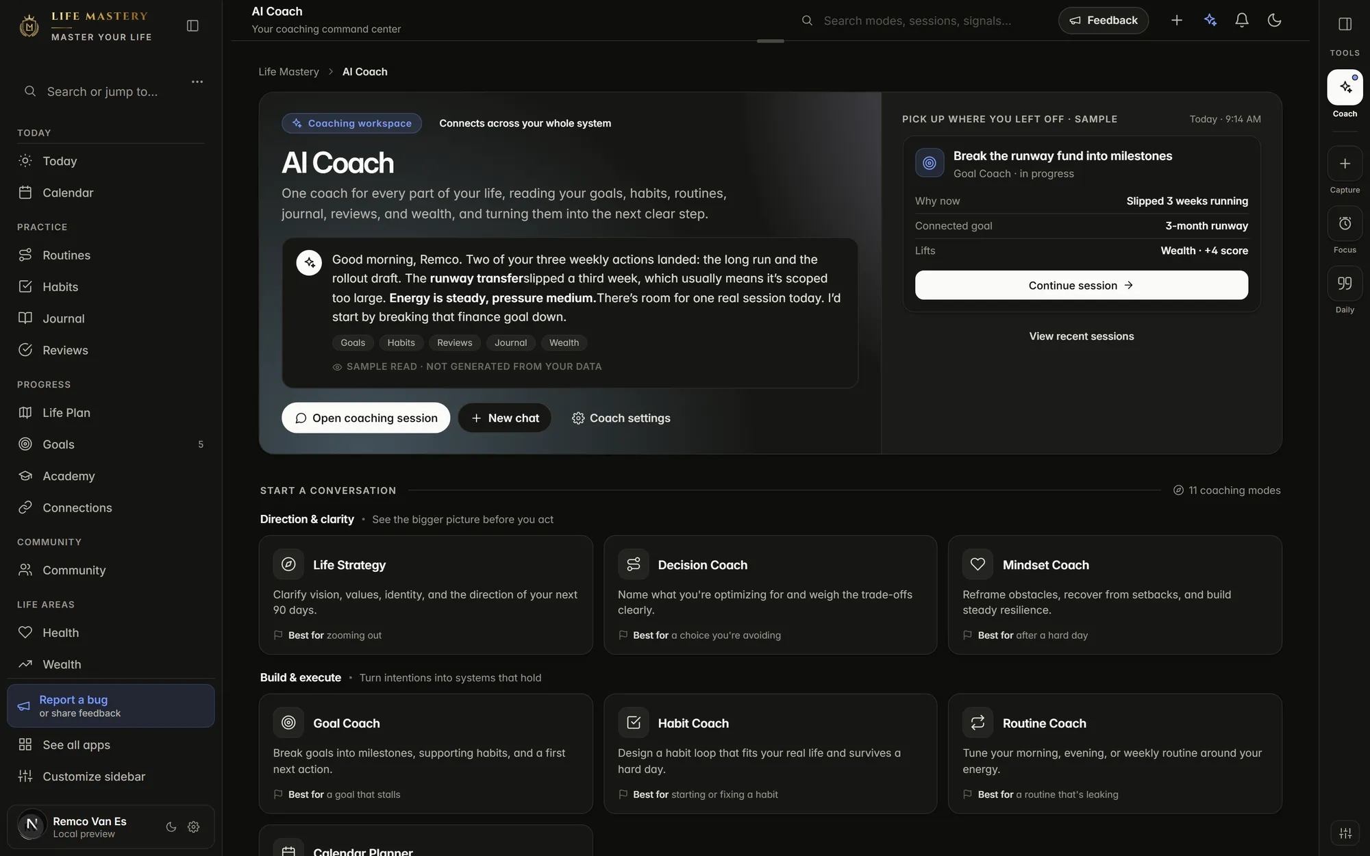 The AI Coach workspace in the real Life Mastery app