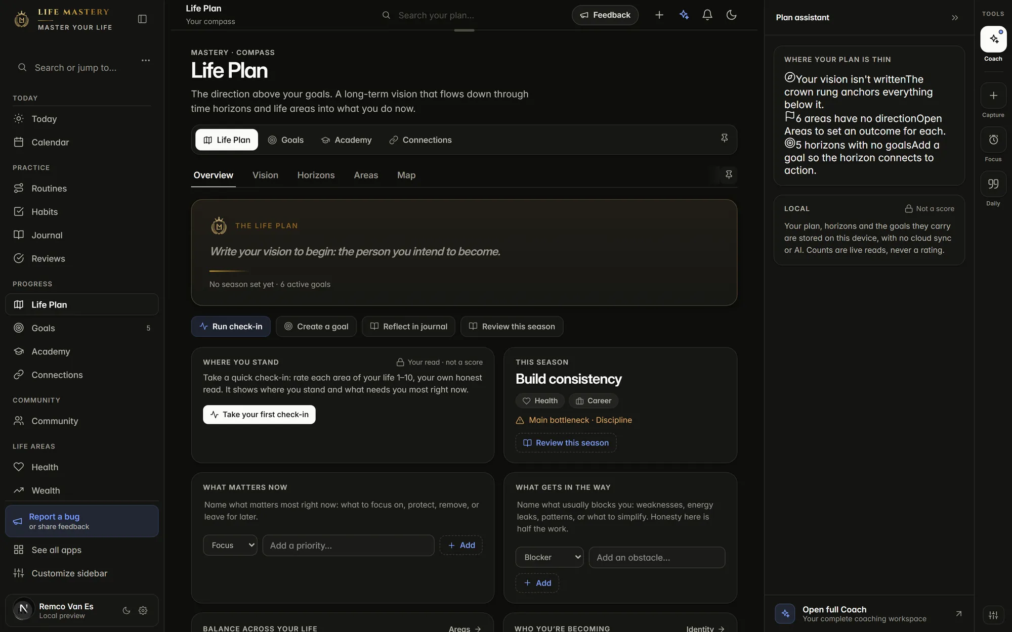 The Life Plan surface in the real Life Mastery app